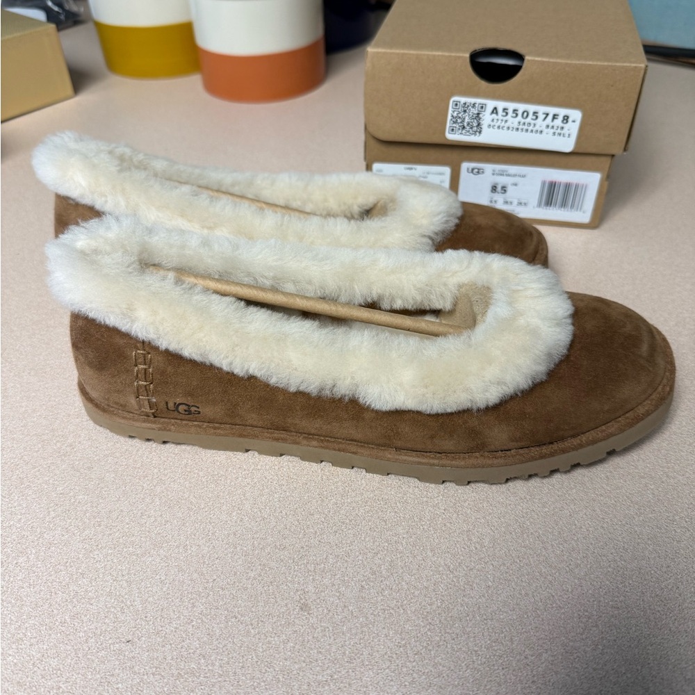 UGG Chestnut Suede Zora Ballet Flats with Plush White Lining